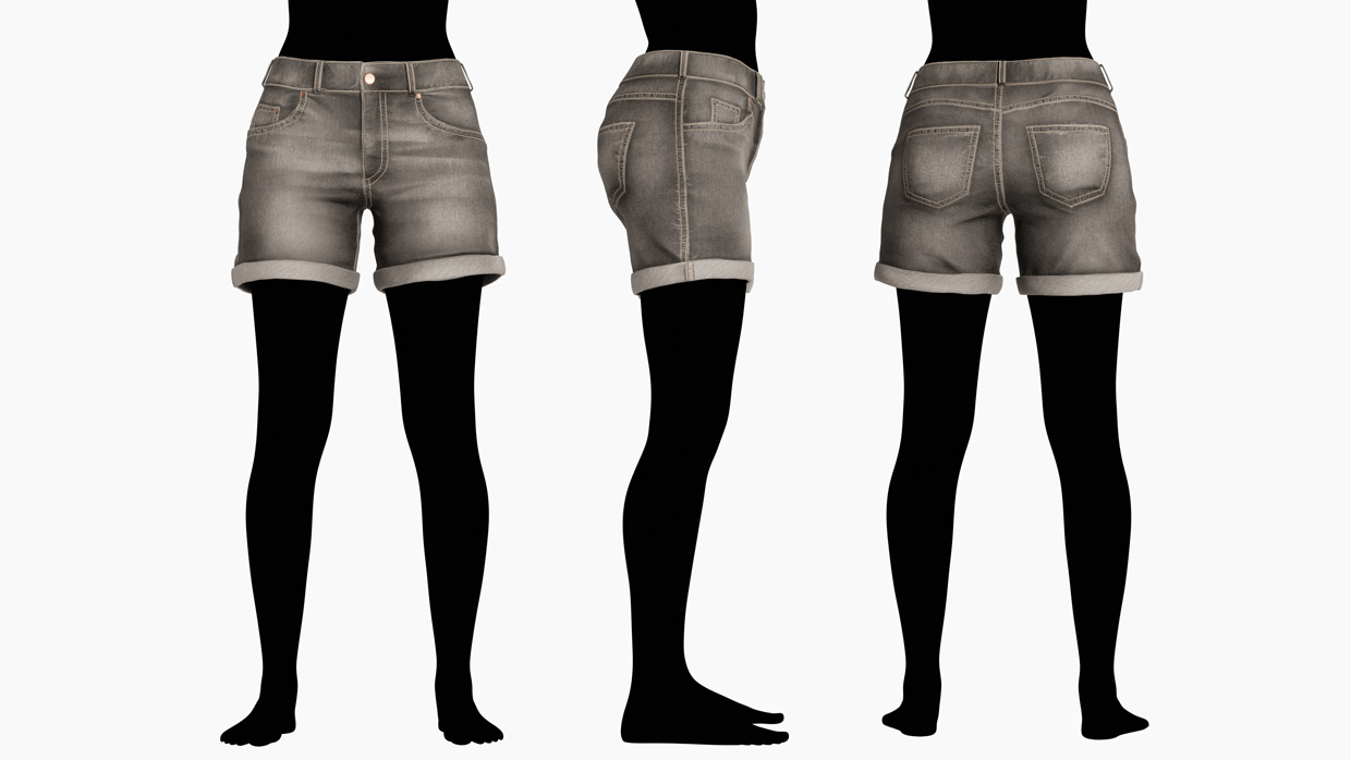 Lineup of female shorts 3D models with high-fidelity fabric simulation